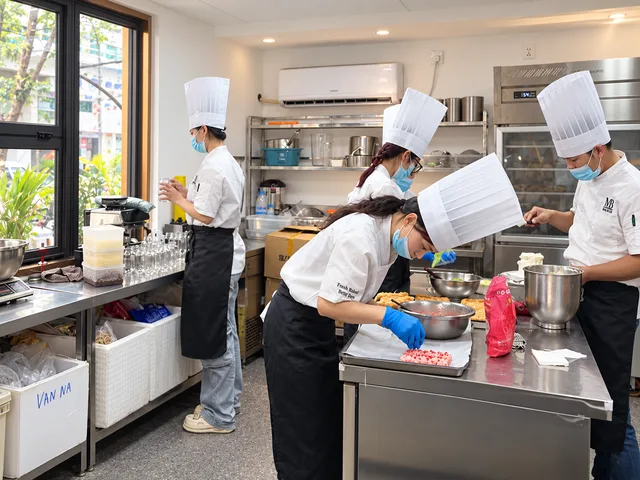 Maison Berrie bakers finishing pastries by the kitchen window